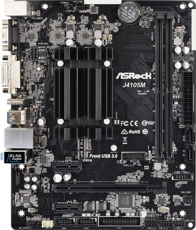 Материнская плата Asrock J4105M 2xDDR4 mATX AC`97 8ch(7.1) GbLAN+VGA+DVI+HDMI